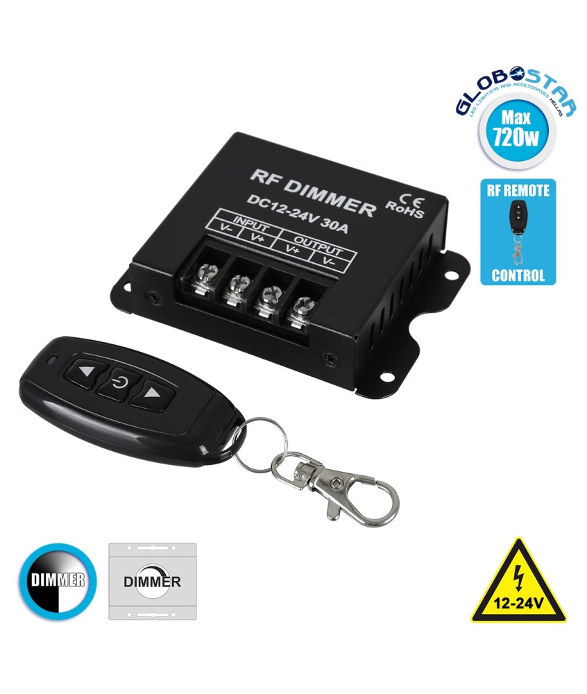 GLOBOSTAR® DIMMERME 73310 Σετ Dimmer με RF Ασύρματο Χειριστήριο με 1 x 30A 720W Κανάλι DC 12-24V 30A 720W Max IP20 - RF2.4Ghz - Μ8.7 x Π6.2 x Υ2cm - 2 Χρόνια Εγγύηση